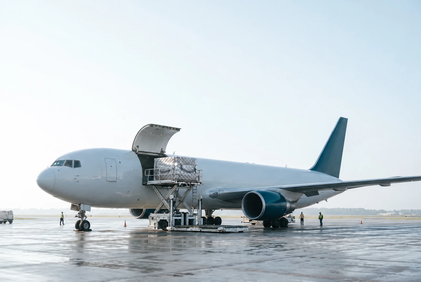 Cargo being loaded onto a freight aircraft